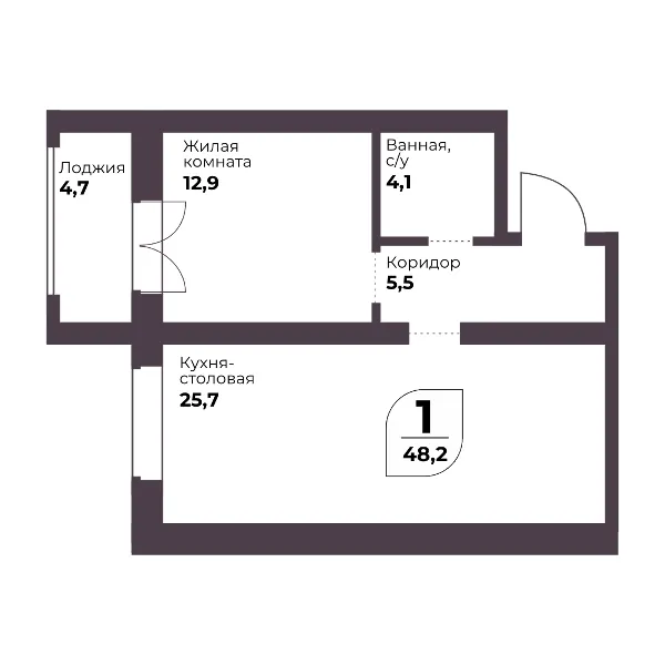 Комната + Кухня-столовая 48.2 кв.м.