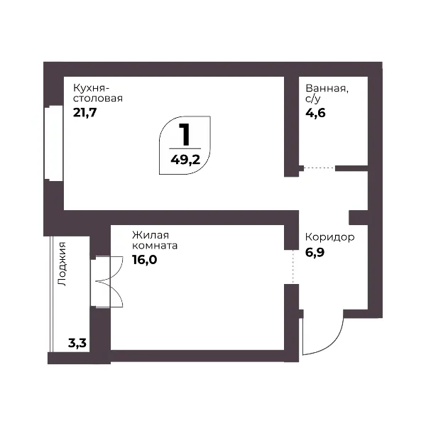 Комната + Кухня-столовая 49.2 кв.м.