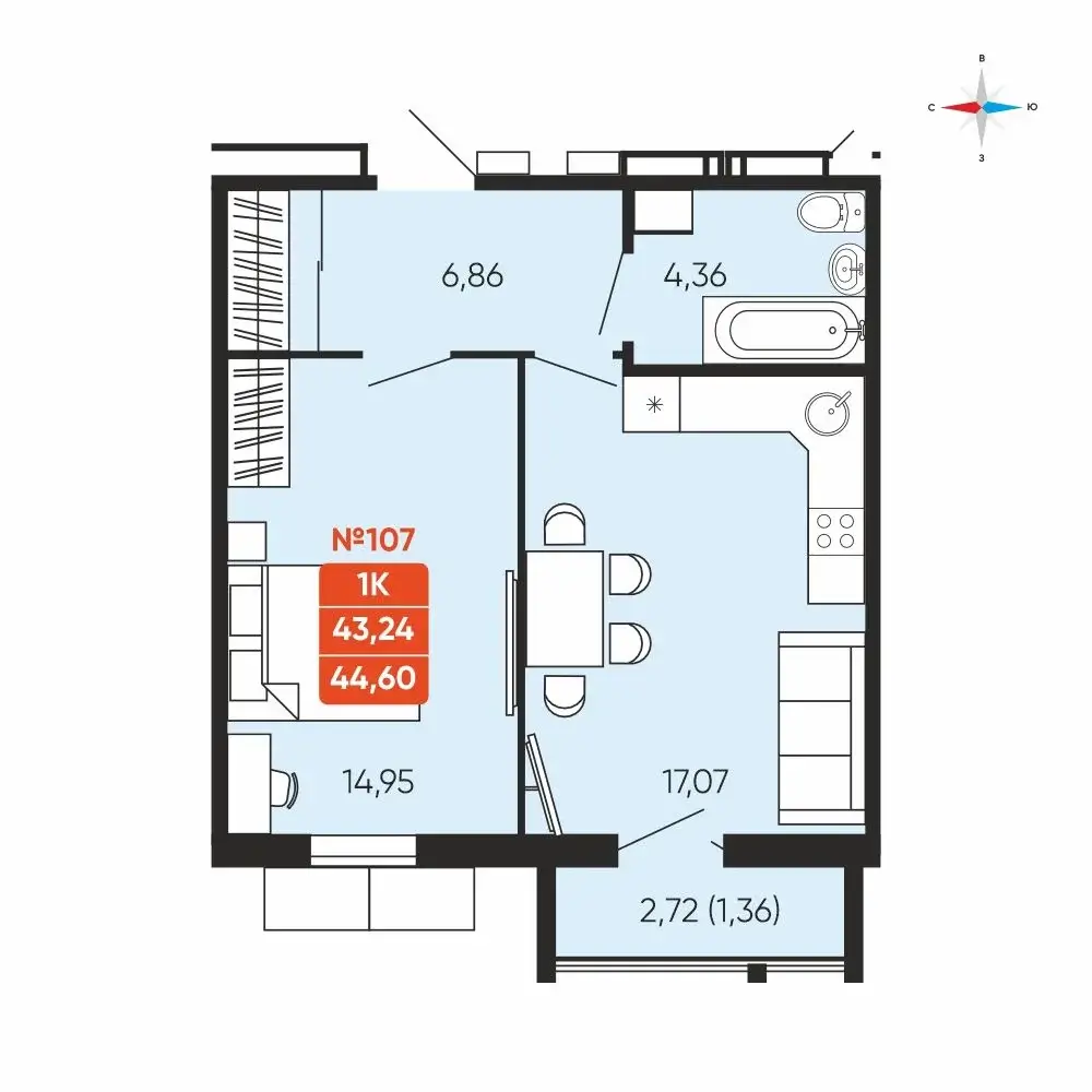 1 комнатная